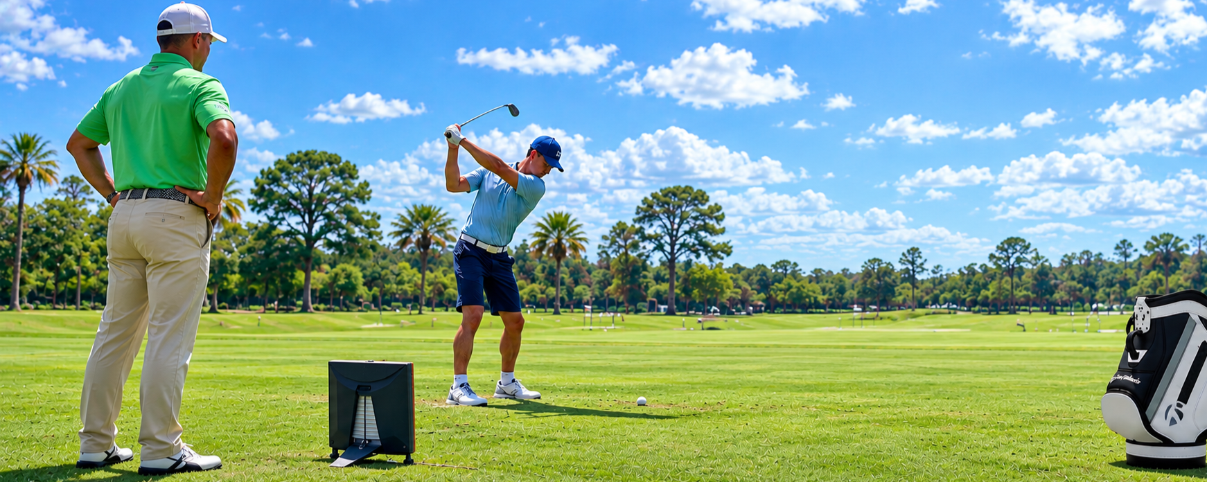A young man is mid-swing on a golf course, wearing a light blue shirt, navy shorts, and a blue cap. An older man in a green shirt and beige pants watches him. There are golf bags on the ground, and the scene is set in bright, sunny weather with a clear blue sky and scattered clouds.