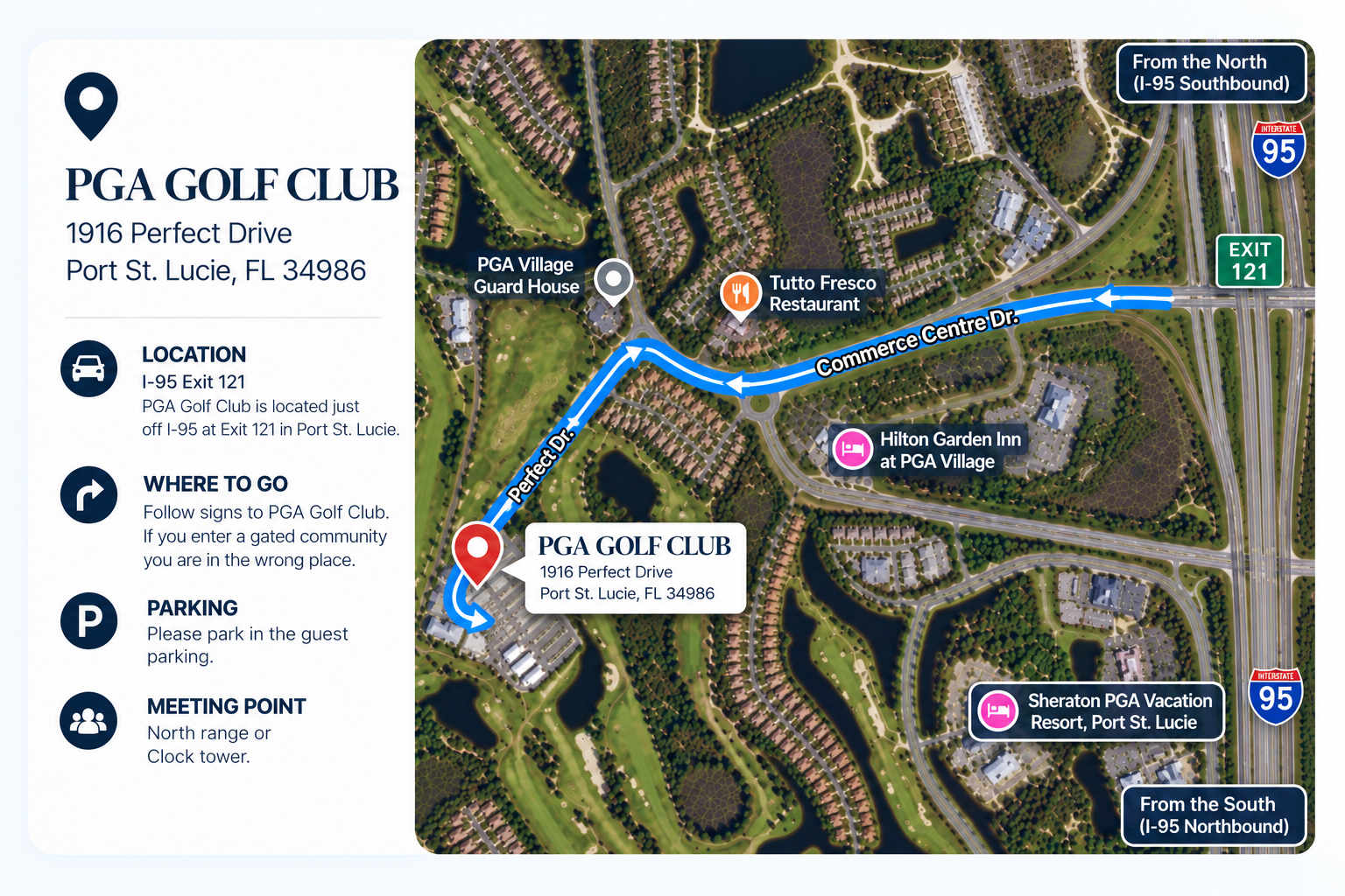 Map of PGA Golf Club at 1916 Perfect Drive, Port St. Lucie, Florida, showing driving directions from North (I-95 Southbound) and South (I-95 Northbound), with icons for parking and meeting points, nearby restaurants and accommodations, and an annotated route from Perfect Drive to the golf club entrance.