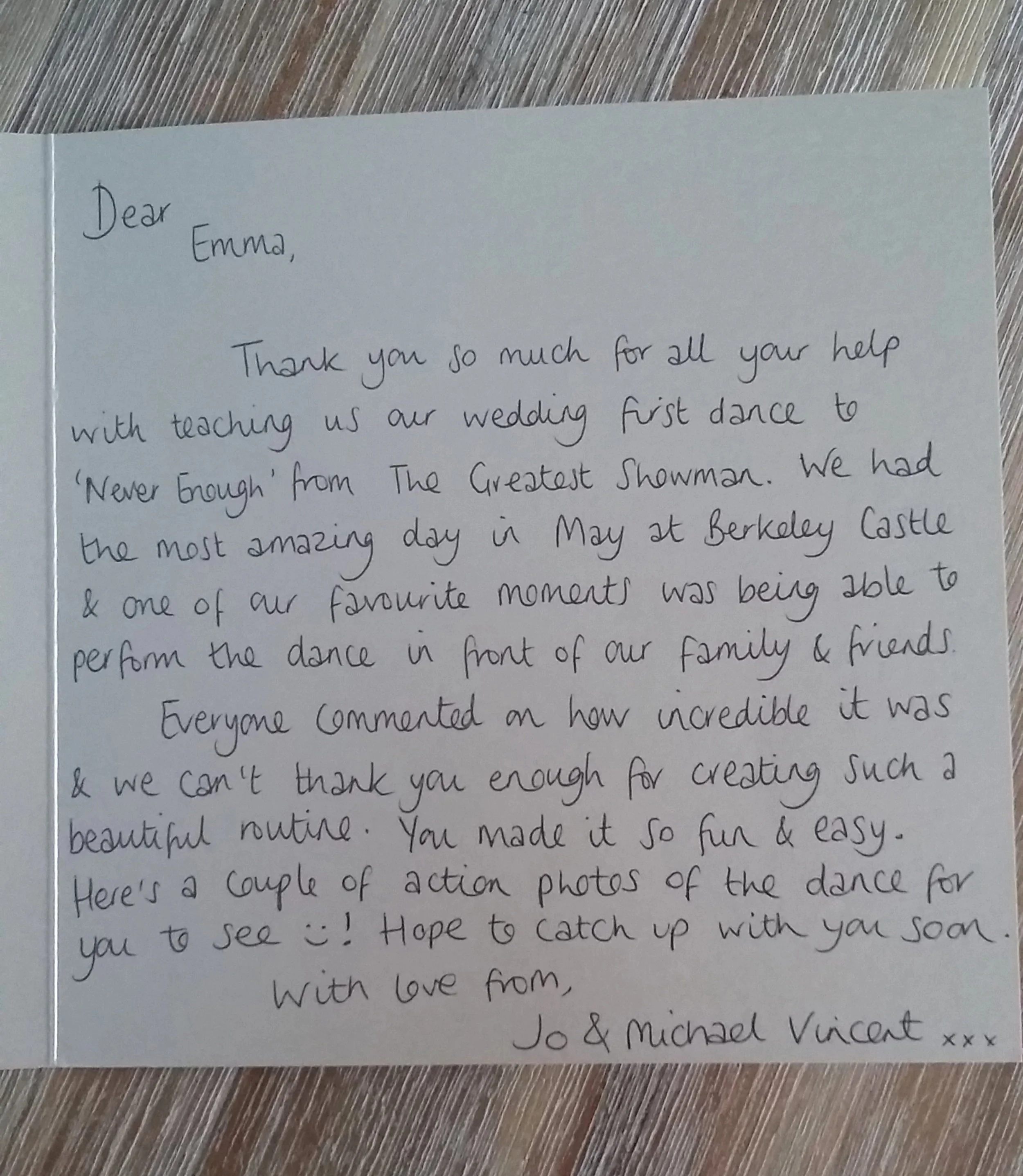 A handwritten thank you note for private tuition for a wedding First Dance at Miss Emma's Dancing, north Wiltshire, near Chippenham, Malmesbury and M4 Junction 17.