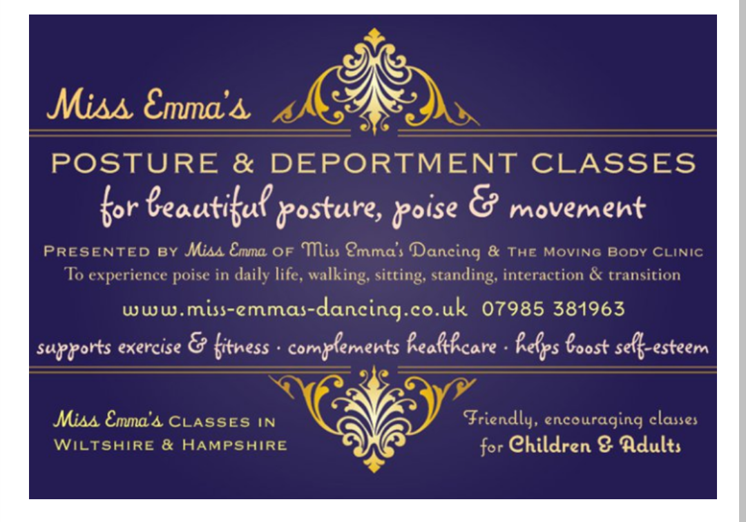 Advertisement poster for Miss Emma's Posture and Deportment Classes in Hullavington, north Wiltshire.