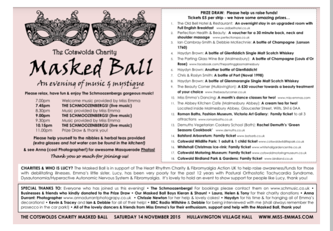 Flyer for The Cotswolds Charity Masked Ball at Miss Emma's Dancing in Hullavington Village Hall.