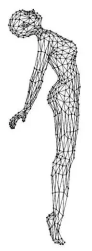 Wireframe illustration of a woman bent over with arms hanging downward.