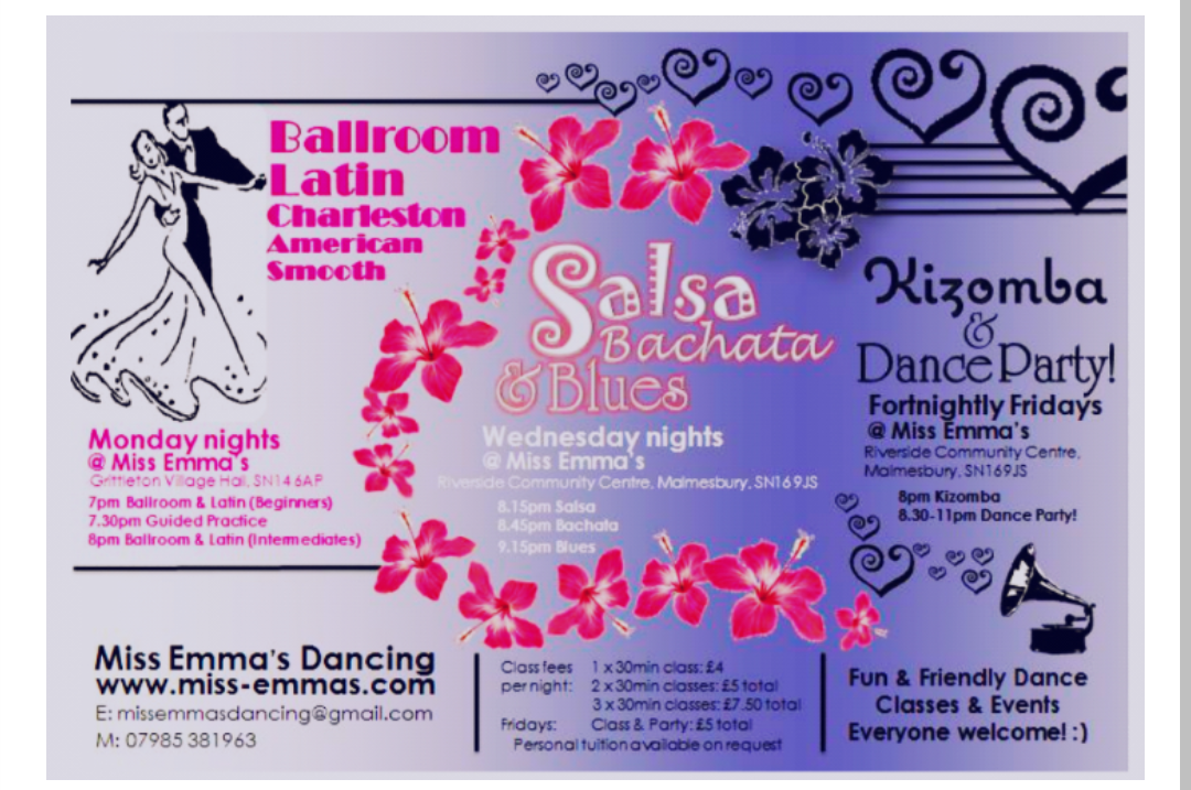 Flyer advertising Ballroom & Latin dance classes at Miss Emma's Dancing, featuring Salsa, Bachata, Blues, and Kizomba dancing in Malmesbury, Hullavington and Grittleton.
