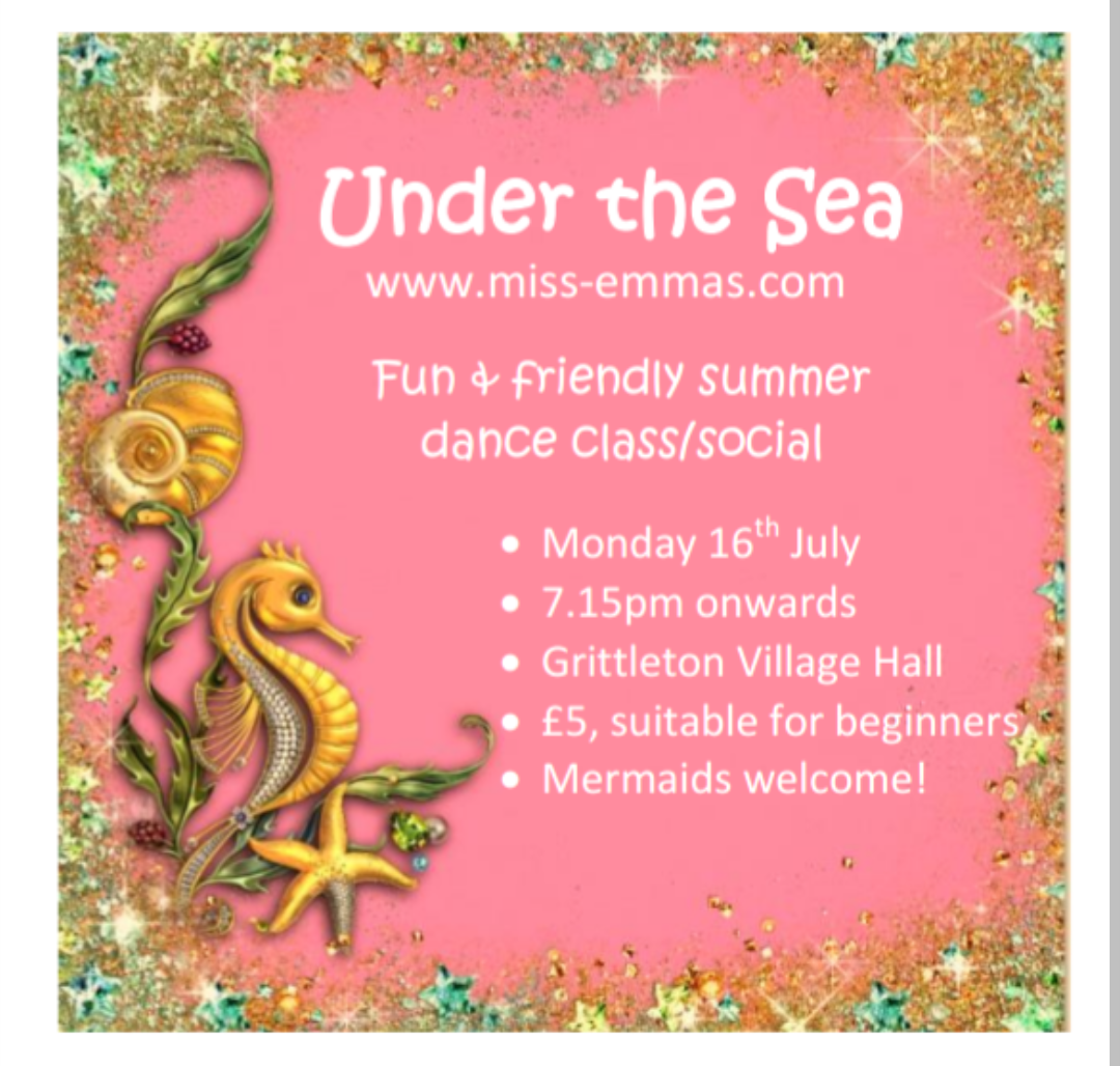 Invitation poster for an under-the-sea summer dance class and social on Monday, July 16th at Grittleton Village Hall, for Miss Emma's Dancing.
