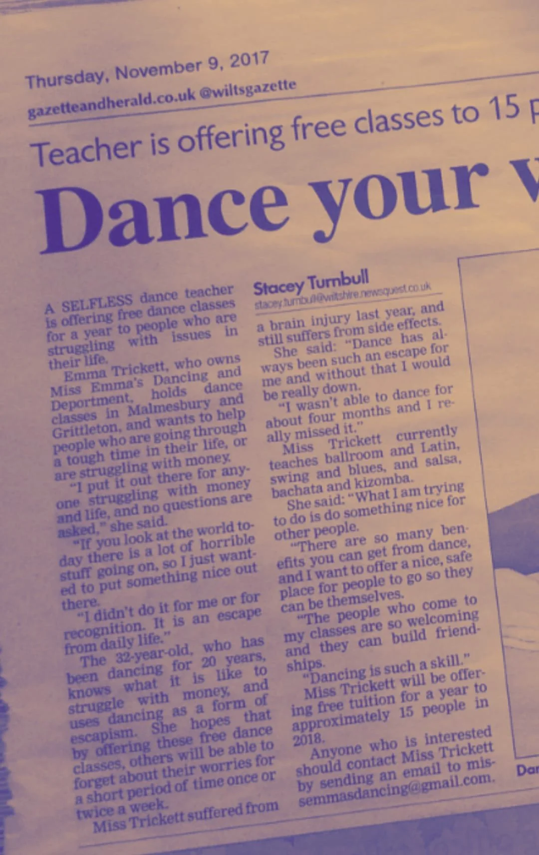Miss Emma's Dancing in the newspaper talking about the health benefits of partner dancing