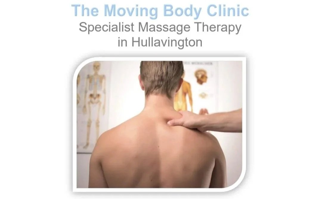 Back of a shirtless man receiving a massage on his shoulder from a massage therapist in a clinic setting.