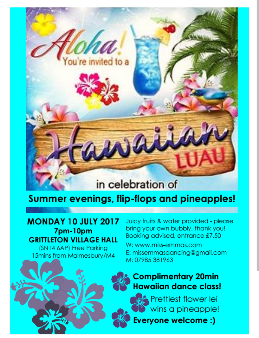Invitation poster to a Hawaiian Luau and dance class by Miss Emma's Dancing.