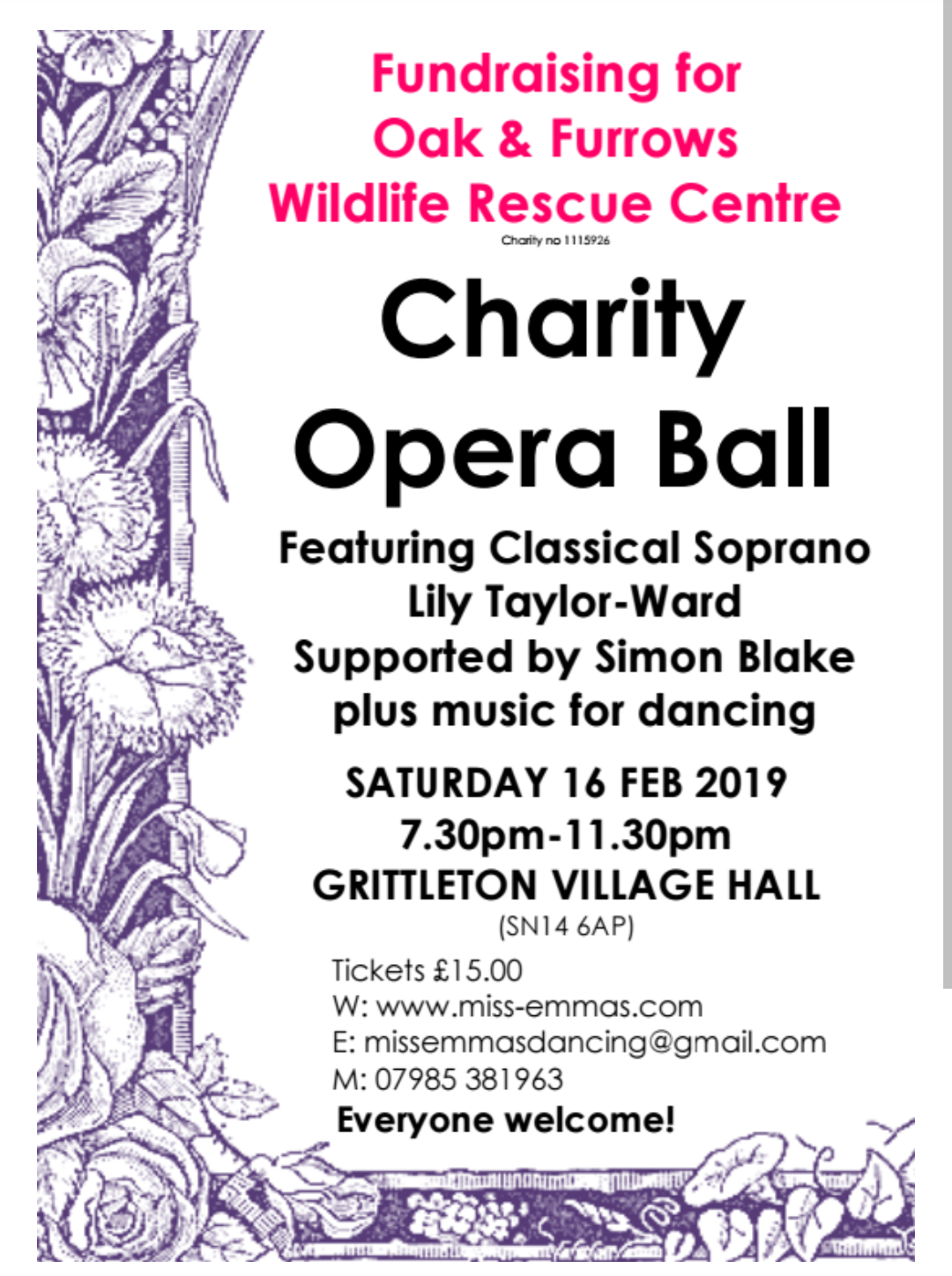Flyer advertising a Charity Opera Ball event supporting Oak & Furrows Wildlife Rescue Centre by Miss Emma's Dancing, held on February 16, 2019, at Grittleton Village Hall