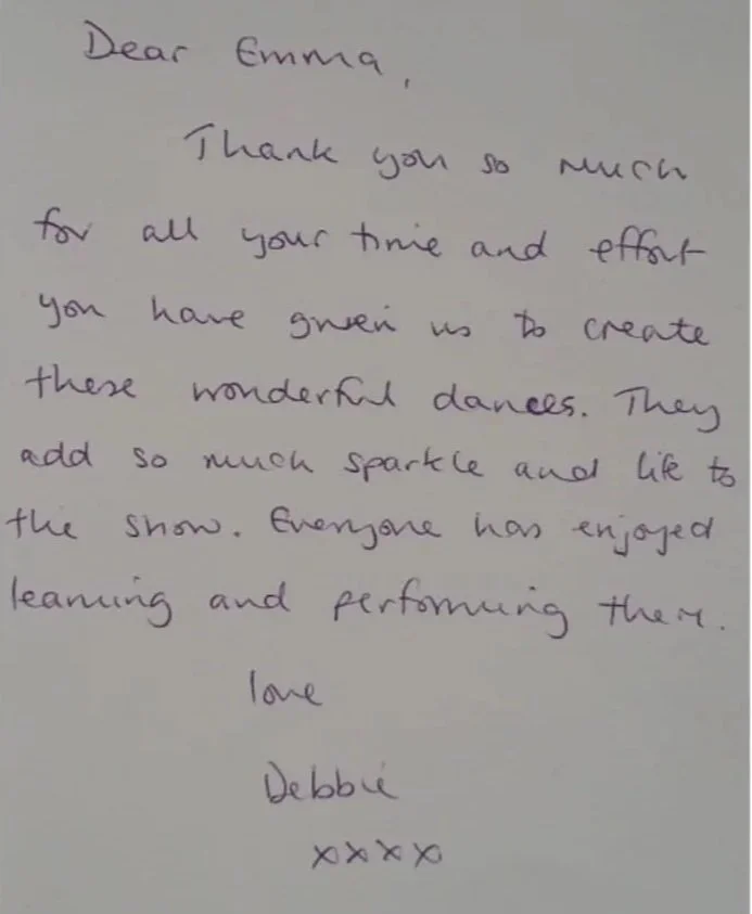 Thank you card from dance students