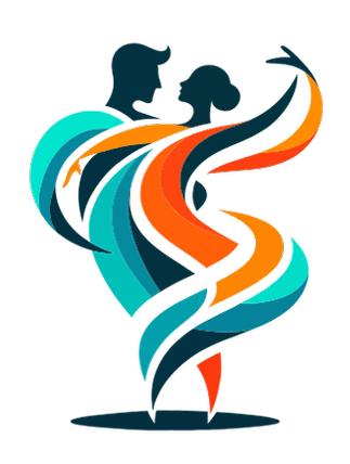 Abstract illustration of a couple dancing, with flowing lines and vibrant colors
