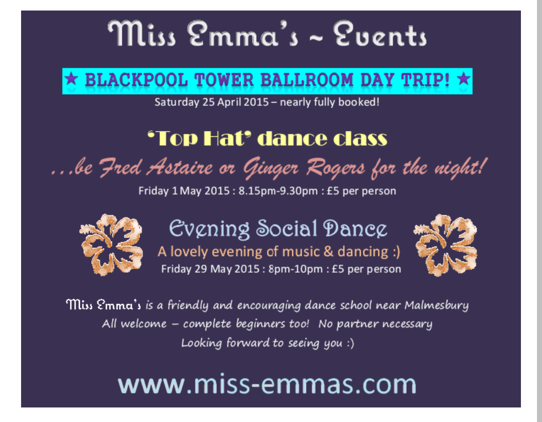 Miss Emma's Dancing dance events featuring a Blackpool Tower Ballroom Day Trip, Top Hat dance class, and Evening Social Dance.