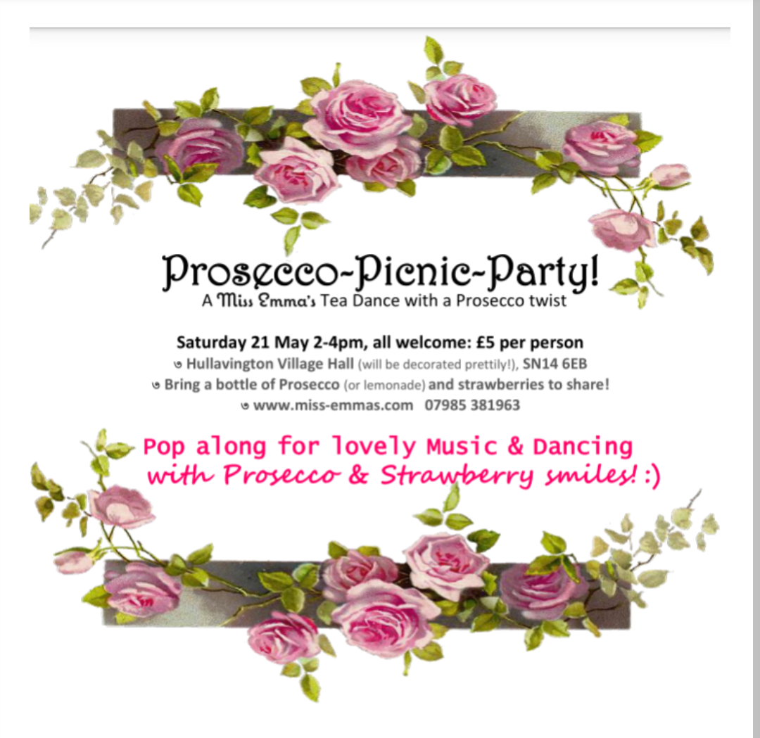 Invitation to a Prosecco Picnic Party at Hullavington Village Hall by Miss Emma's Dancing.