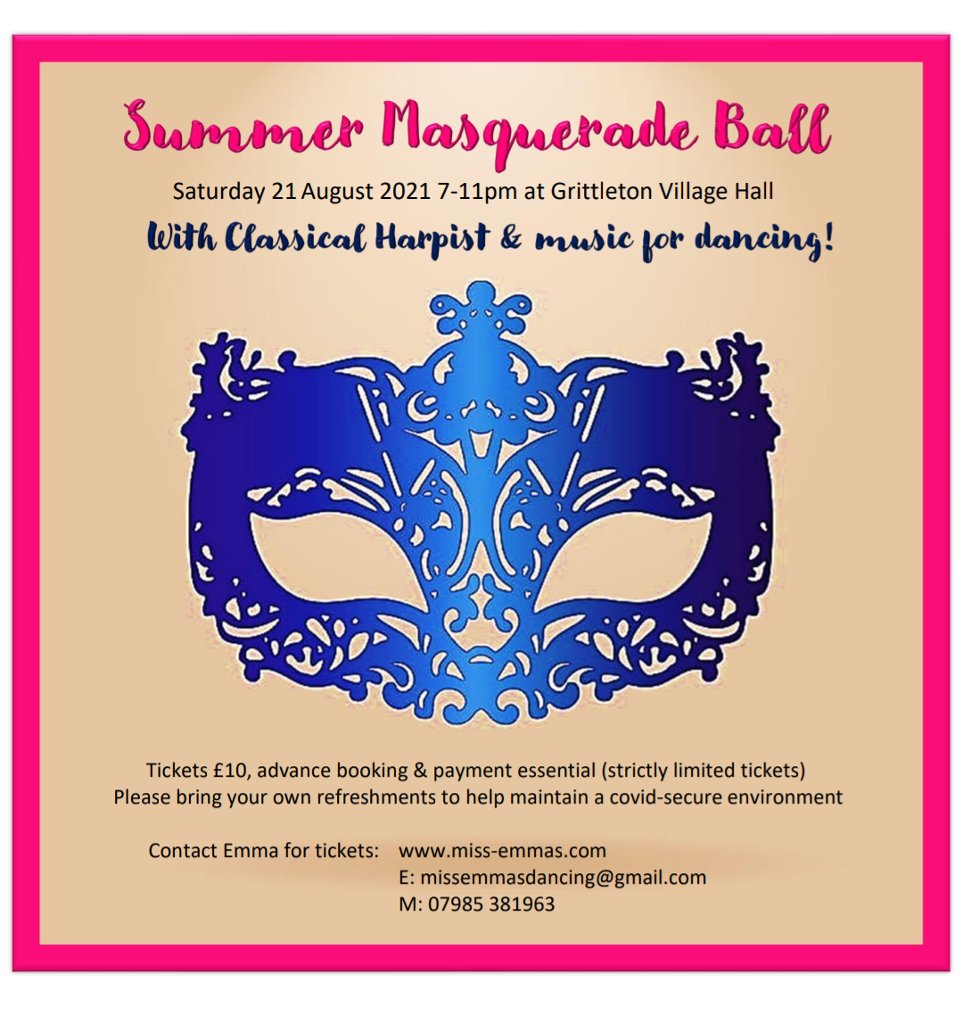 Event flyer for the Summer Masquerade Ball, scheduled for Saturday, August 21, 2021, from 7 to 11 pm at Grittleton Village Hall, featuring classical harpist and music for dancing, at Miss Emma's Dancing.