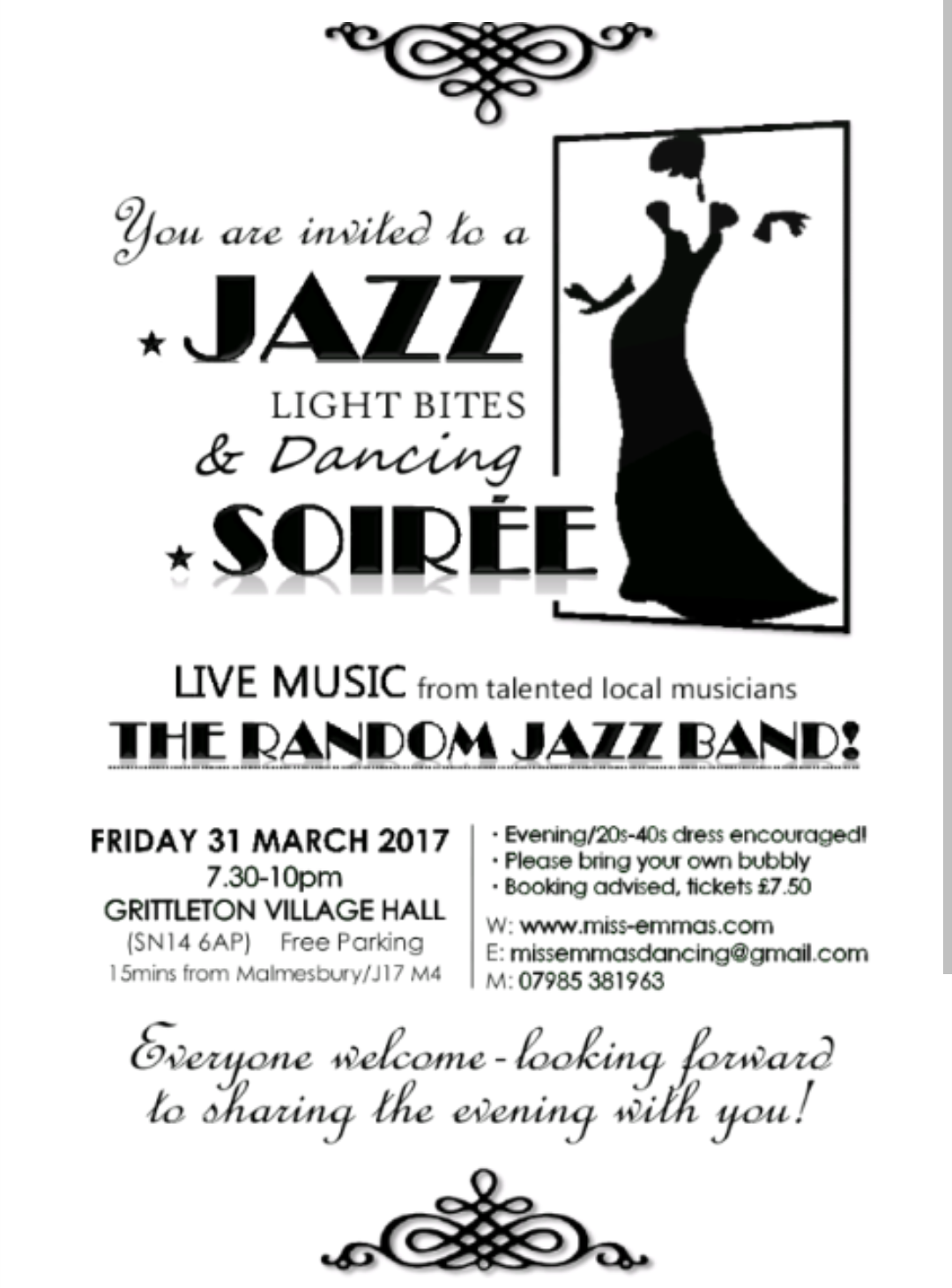 Invitation poster for a jazz soirée with live music, at Miss Emma's Dancing in Grittleton Village Hall.