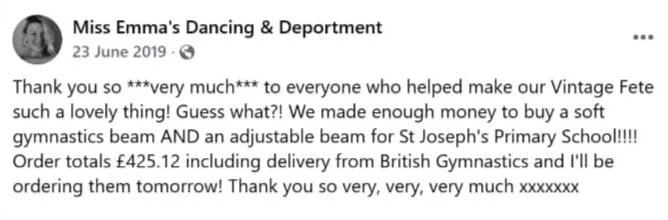 Miss Emma's Dancing fundraising for gymnastics equipment for St Joseph's Primary School in Malmesbury