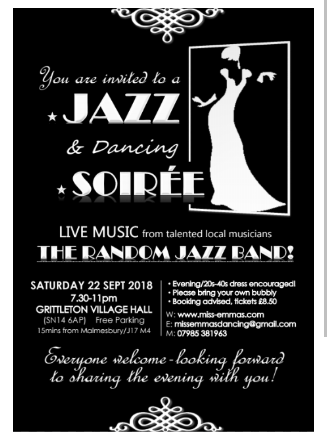 Invitation poster for a jazz and dancing soirée event with live music, scheduled for September 22, 2018, at Grittleton Village Hall, by Miss Emma's Dancing.
