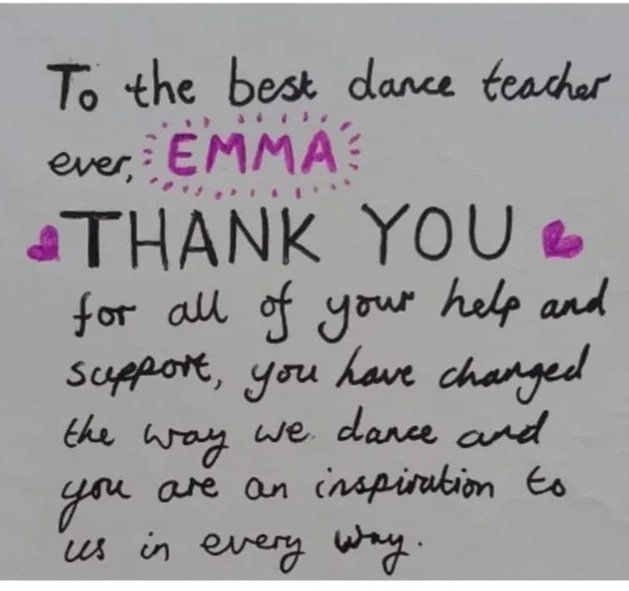 Thank you card from dance student