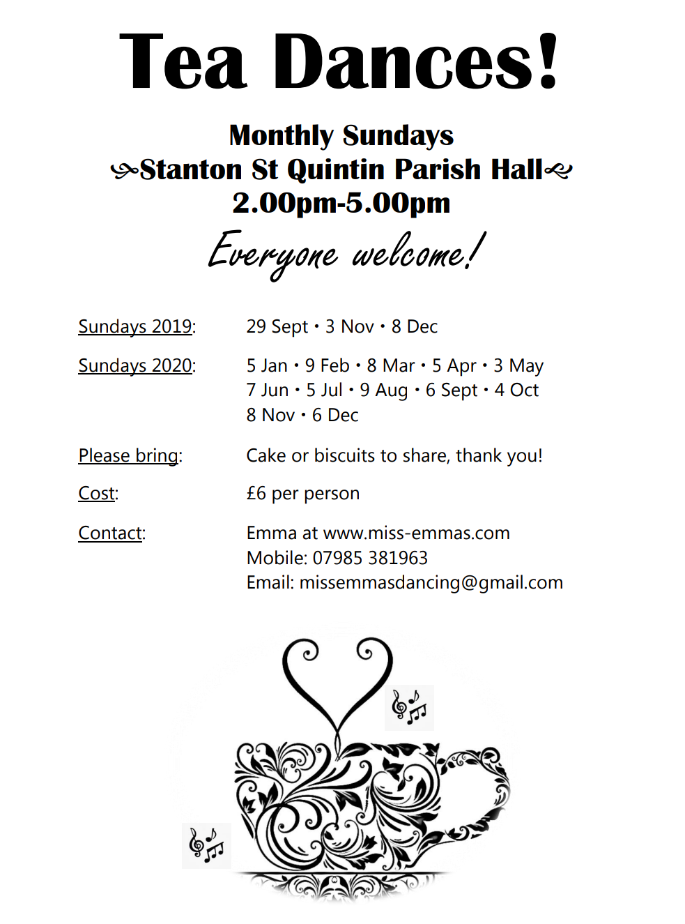Flyer for Tea Dances held monthly on Sundays at Stanton St. Quintin Parish Hall from 2:00 pm to 5:00 pm for Miss Emma's Dancing.