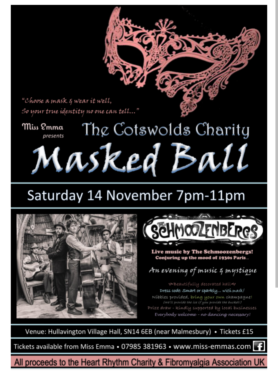 Flyer for The Cotswolds Charity Masked Ball at Hullavington Village Hall. Features live music and supporting Heart Rhythm Charity and Fibromyalgia Association UK.