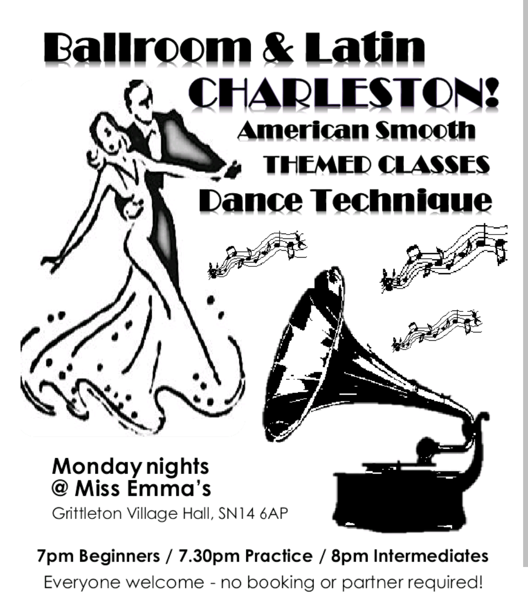 A promotional flyer for Ballroom & Latin dance classes, Kizomba and Charleston dancing by Miss Emma's Dancing at Hullavington Village Hall.