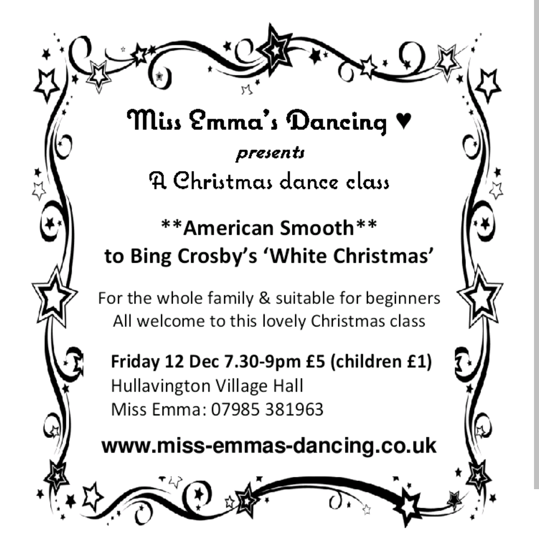 Invitation poster for Miss Emma's Dancing Christmas dance class, promoting a Christmas dance class to Bing Crosby's 'White Christmas' at Hullavington Village Hall.