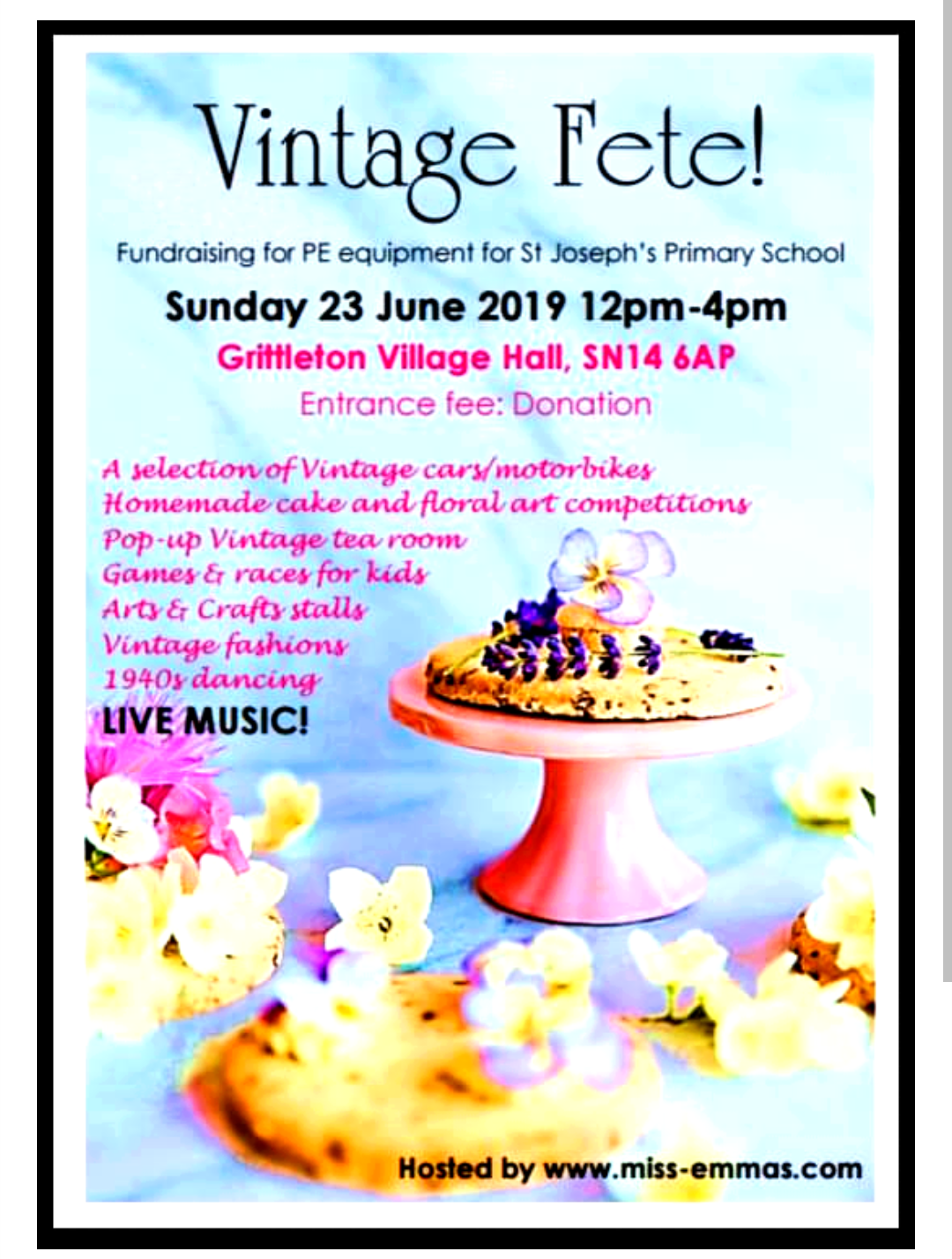 Flyer for a Vintage Fete fundraising event for Miss Emma's Dancing supporting local causes.