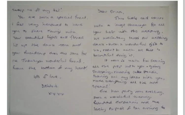 A handwritten thank you note for private tuition for a wedding First Dance at Miss Emma's Dancing, north Wiltshire, near Chippenham, Malmesbury and M4 Junction 17.