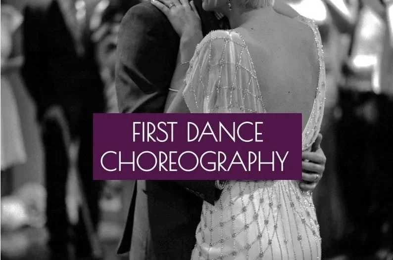 A couple dancing closely, with a woman in a beaded gown and a man in a suit, at a formal event or wedding, with overlay text "First Dance Choreography."