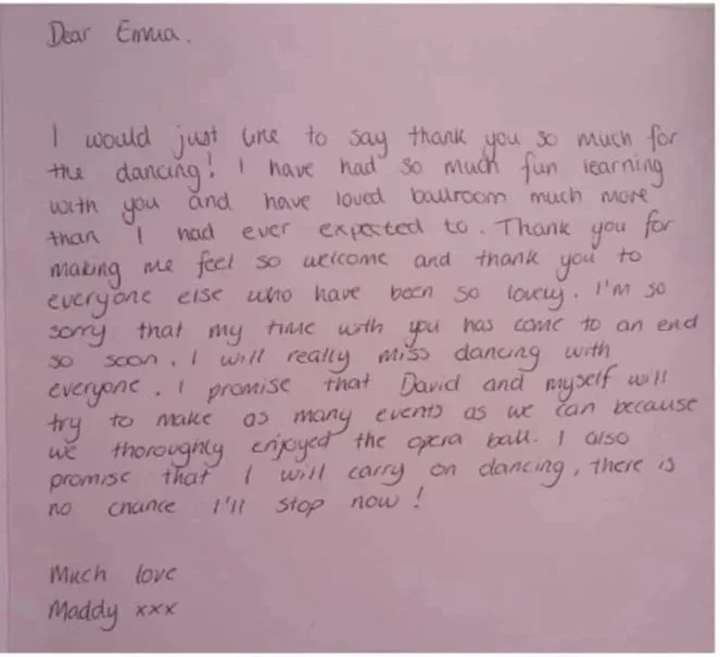 Thank you card from dance student