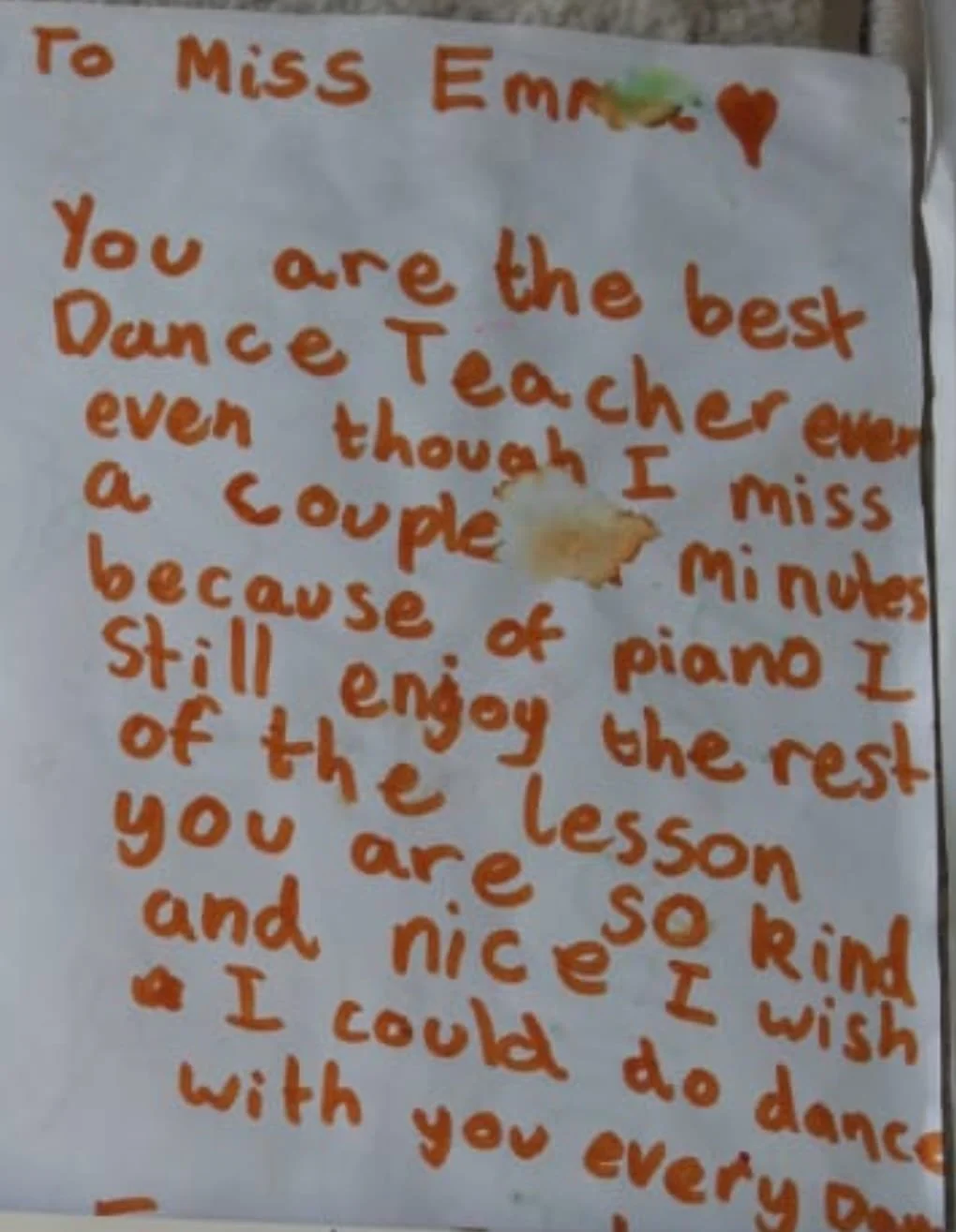 Thank you card from dance student