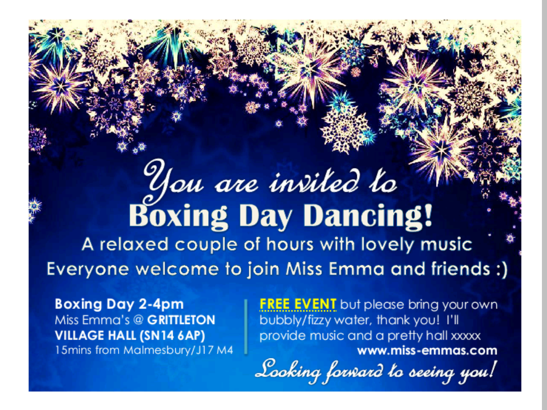 Invitation flyer for Boxing Day Dancing event at Miss Emma's Dancing.