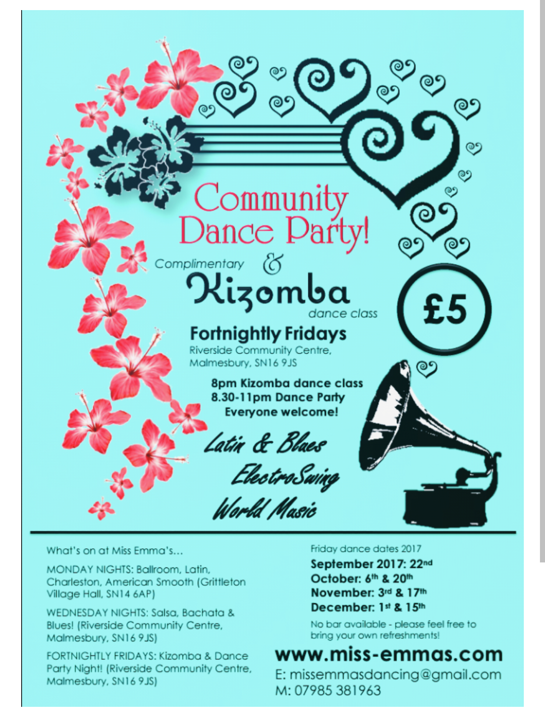 Invitation poster for a community dance party featuring Kizomba, Blues, Swing, and world music by Miss Emma's Dancing at the Riverside Community Centre in Malmesbury.