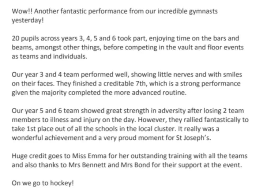 Miss Emma's gymnastics winning first place at the Wiltshire School cluster competition