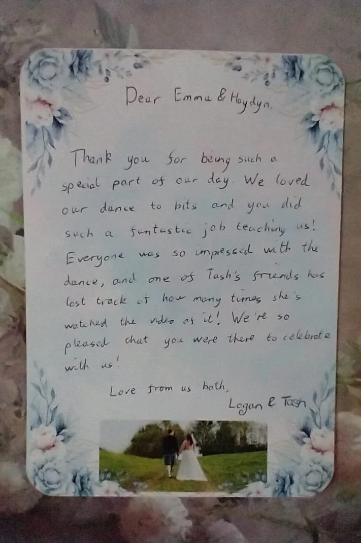 A handwritten thank you note for private tuition for a wedding First Dance at Miss Emma's Dancing, north Wiltshire, near Chippenham, Malmesbury and M4 Junction 17.