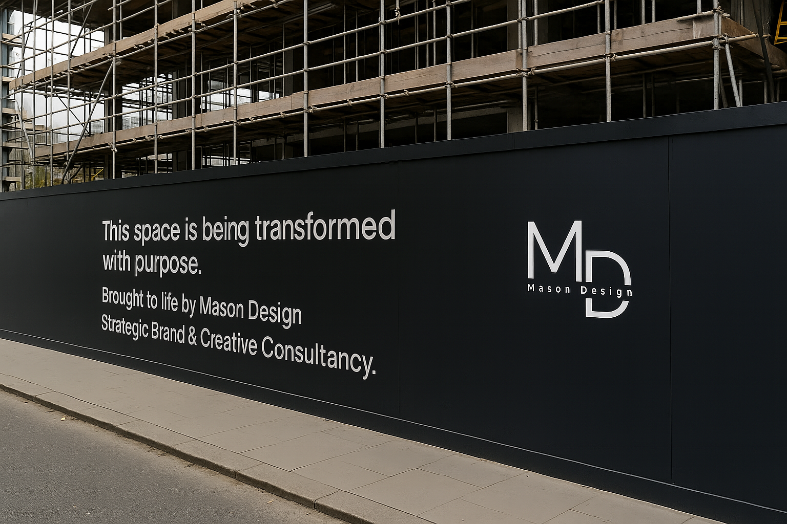 Construction site with a large black sign on a fence that reads, 'This space is being transformed with purpose. Brought to life by Mason Design, Strategic Brand & Creative Consultancy'; Mason Design logo is on the right side of the sign.