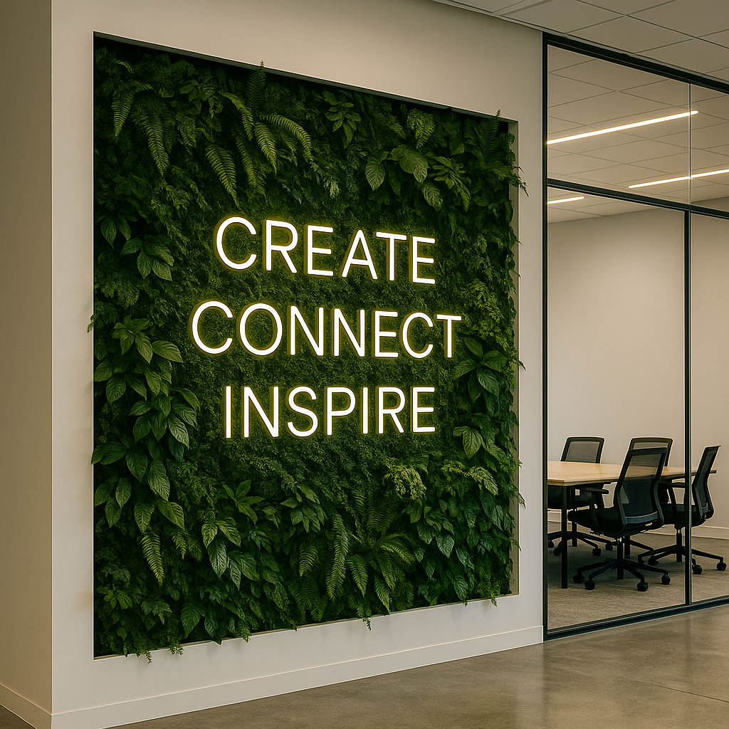 Green wall with illuminated words 'Create, Connect, Inspire' in an office conference room.