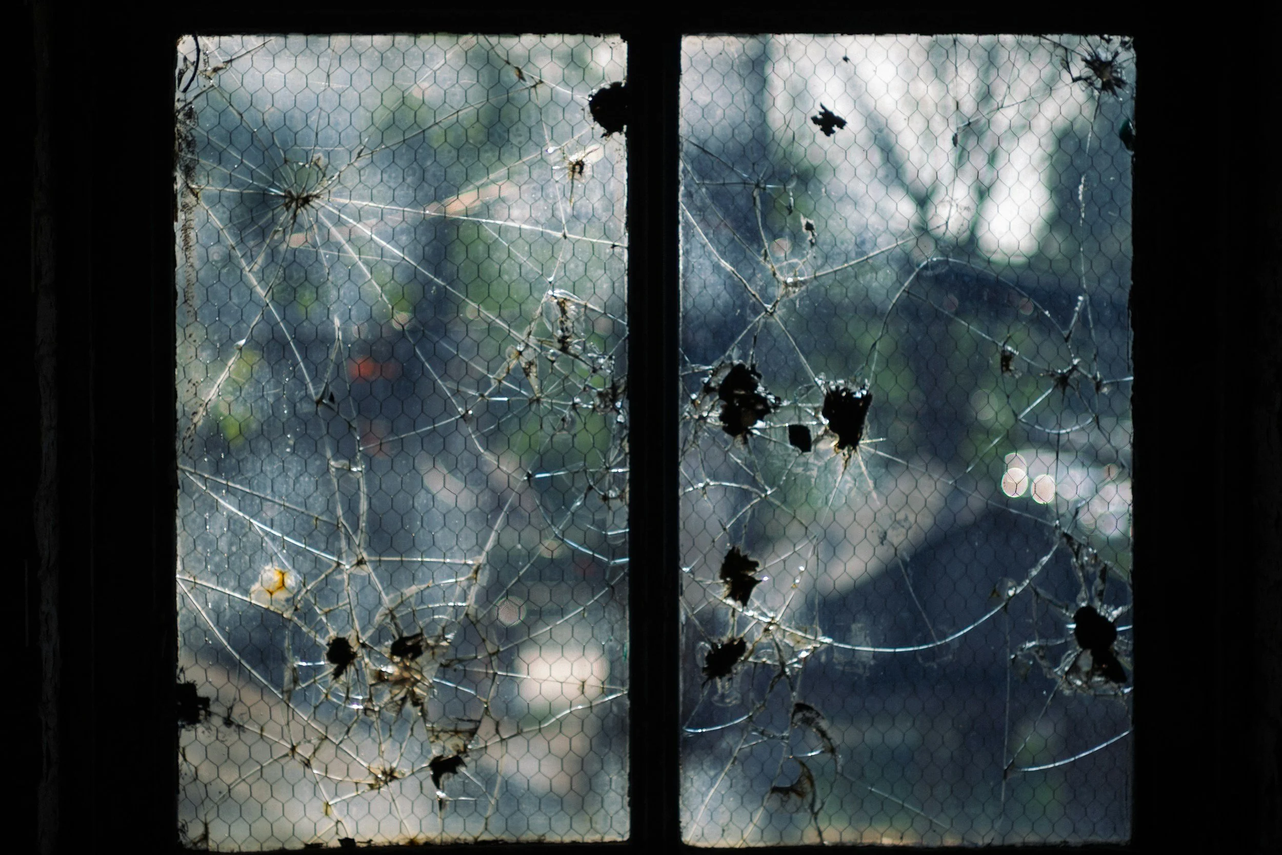 Dirty, broken window with spiderwebs and damaged wire mesh, with blurred outdoor scenery in the background. It is of a commercial property and depicts disrepair in a dilapidations or building survey context.