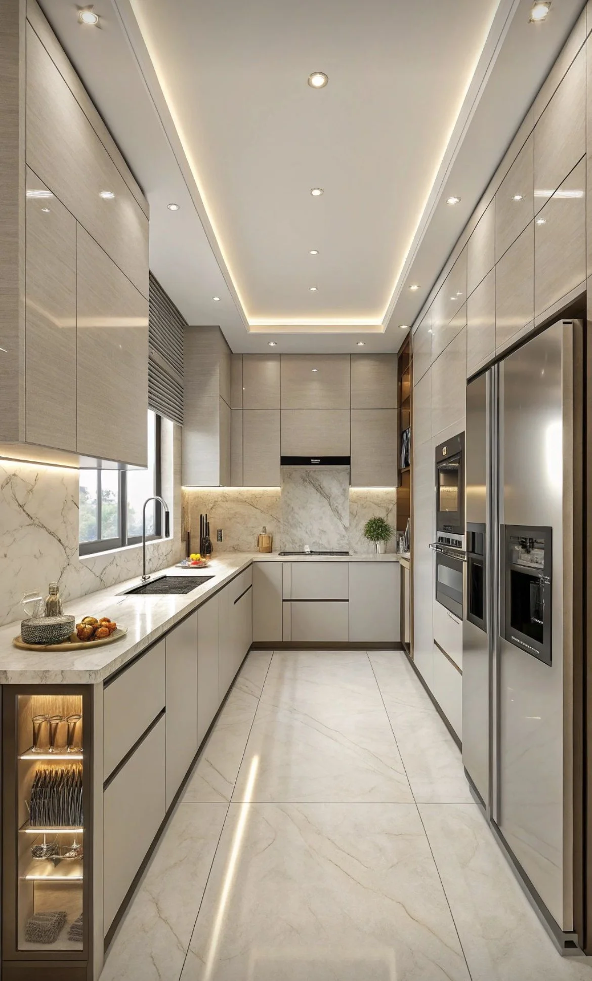 Modern kitchen with beige cabinetry, marble meson, stainless steel appliances, large window, and recessed ceiling lighting.