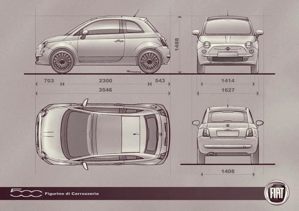 Technical drawings of a Fiat 500 showcase side, front, rear, and top views with measurements in millimeters.