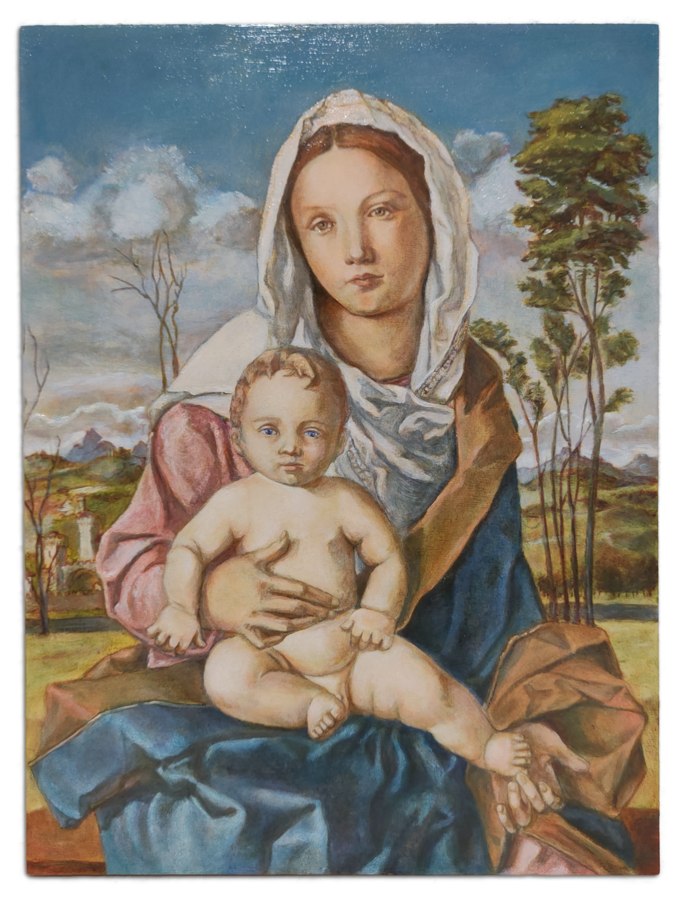 Mary with child in a landscape. After Giovanni Bellini, c. 1508, oil on paper 100% cotton mounted on board, cm 40 x 30, 2025.