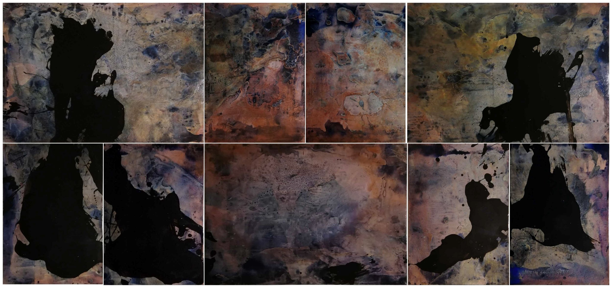 Afterglow Doppelgänger 1-2020, mixed media and resin on nine canvases, 140cm x 300cm, 2020.