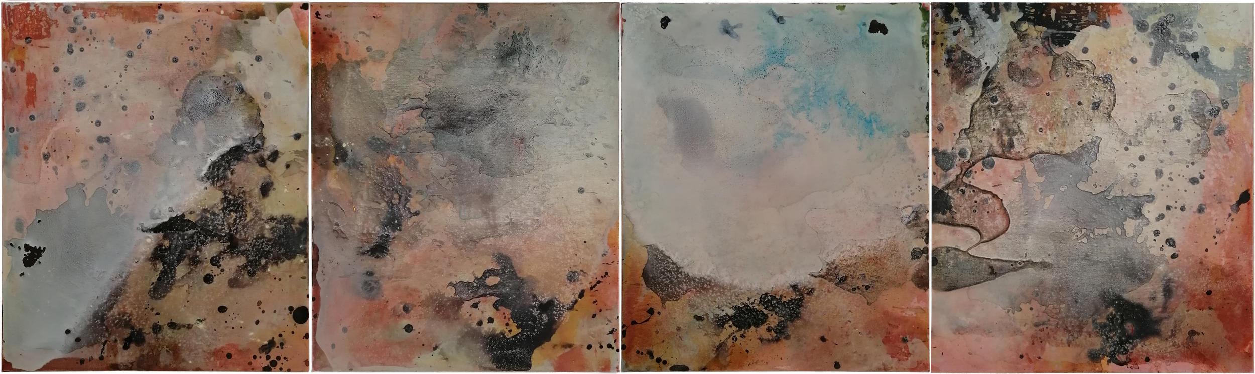 Afterglow Doppelgänger 2-2020, mixed media and resin on four canvases, 60cm x 200cm, 2020.