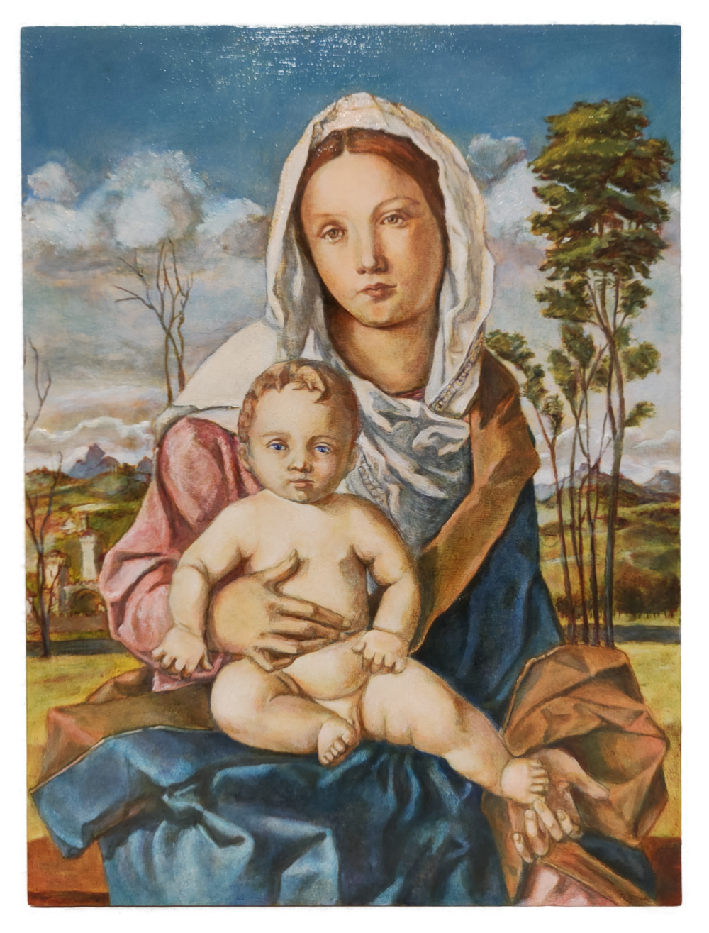 Mary with child in a landscape. After Giovanni Bellini, 1508ca. Oil on paper 100% cotton mounted on board, 40x30cm, 2025.