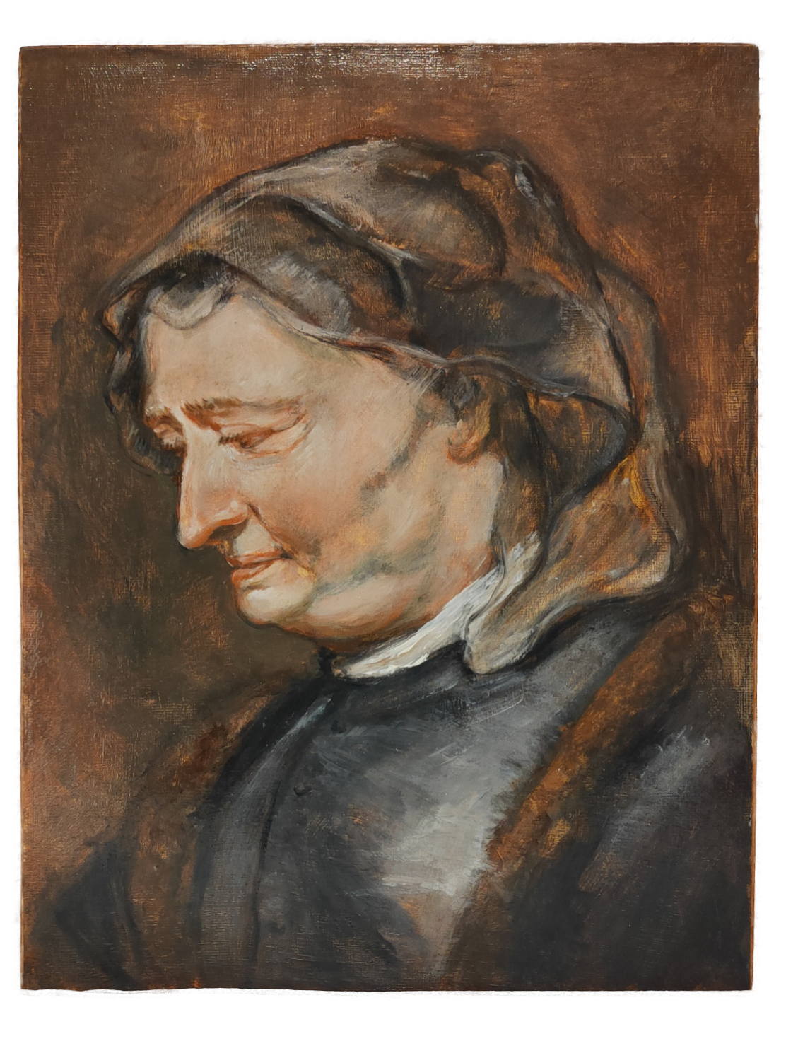 Kopfstudie einer alten Frau. After Peter Paul Rubens, 1630-1632, oil on paper mounted on panel, 32cm x 24cm, 2024.