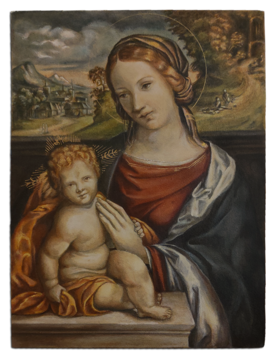 Mary with child. After Benvenuto Tisi, c. 1520-1524, oil on canvas mounted on board, cm 40,5 x 30, 2026.