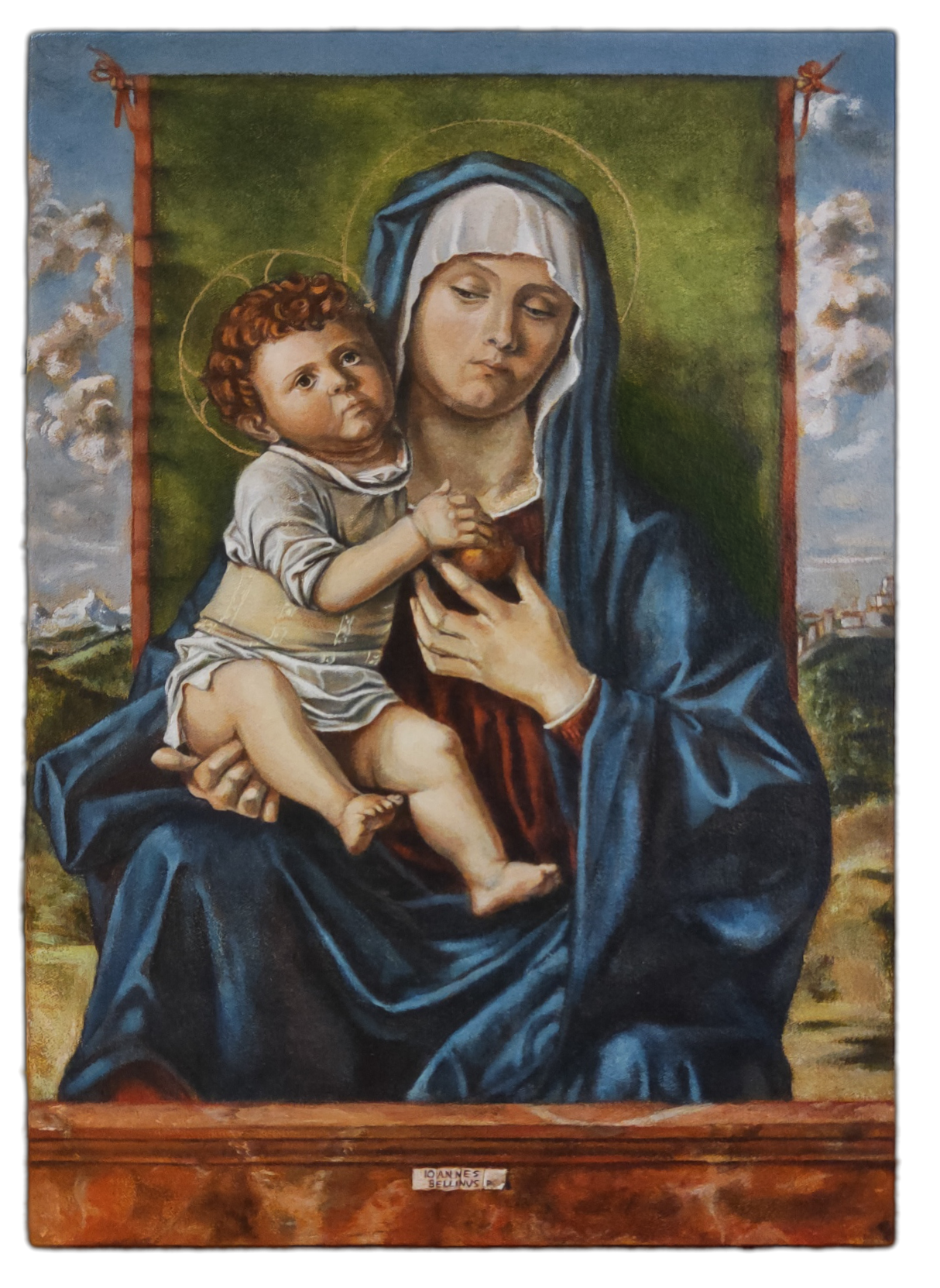 Madonna della melagrana. After Giovanni Bellini, 1480-1490, oil on canvas mounted on board, cm 40,5 x 28,5, 2026.