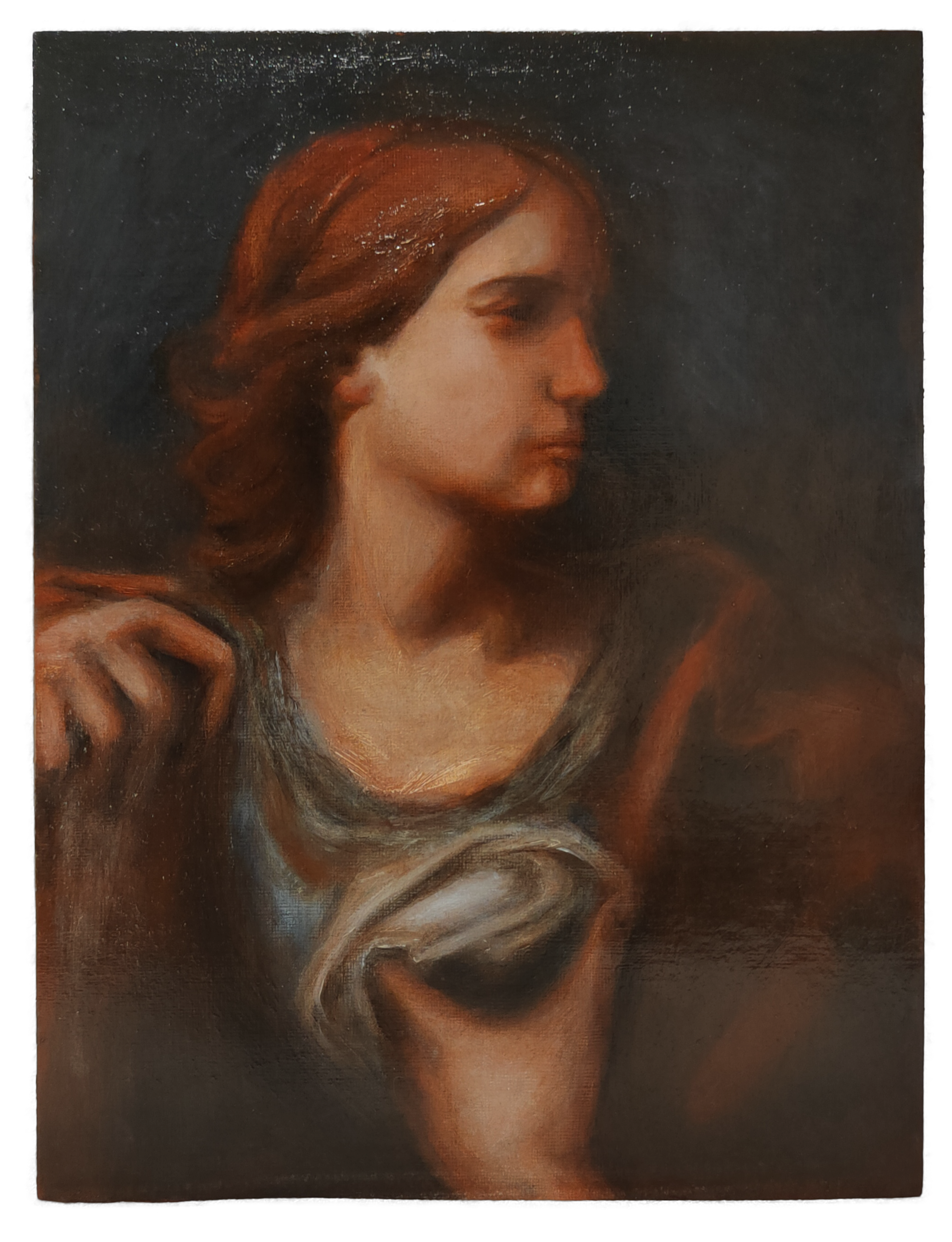 Study of Mary Magdalene. After Giovanni Martinelli, 1630-1640, oil on paper mounted on panel, 32cm x 24cm, 2024.