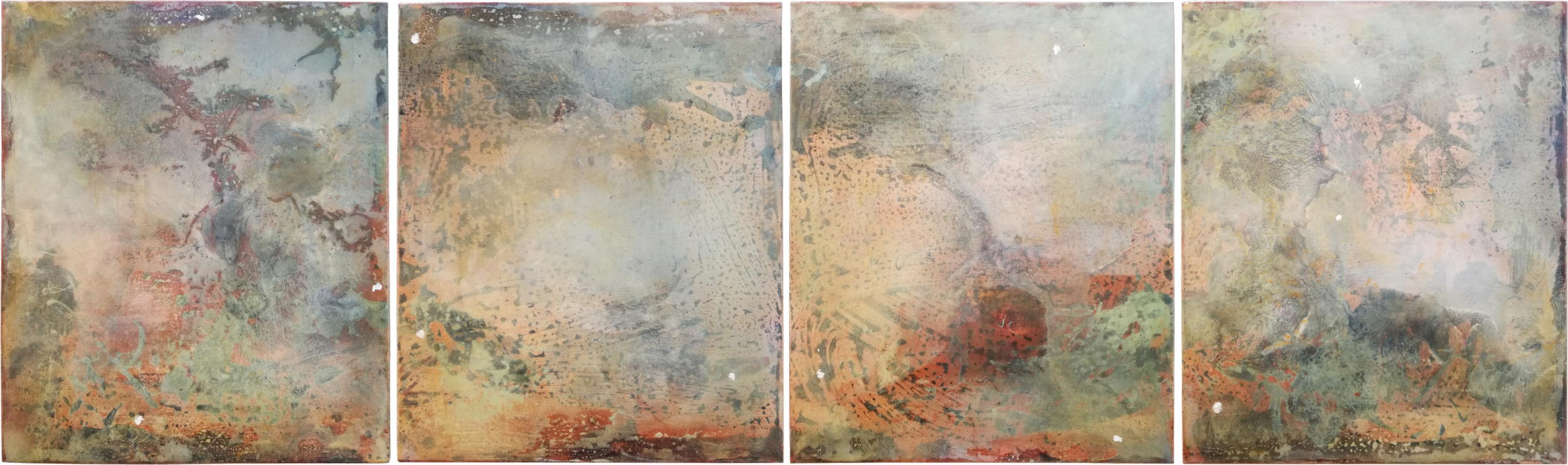 Afterglow Doppelgänger 3-2020, mixed media and resin on four canvases, 60cm x 200cm, 2020.