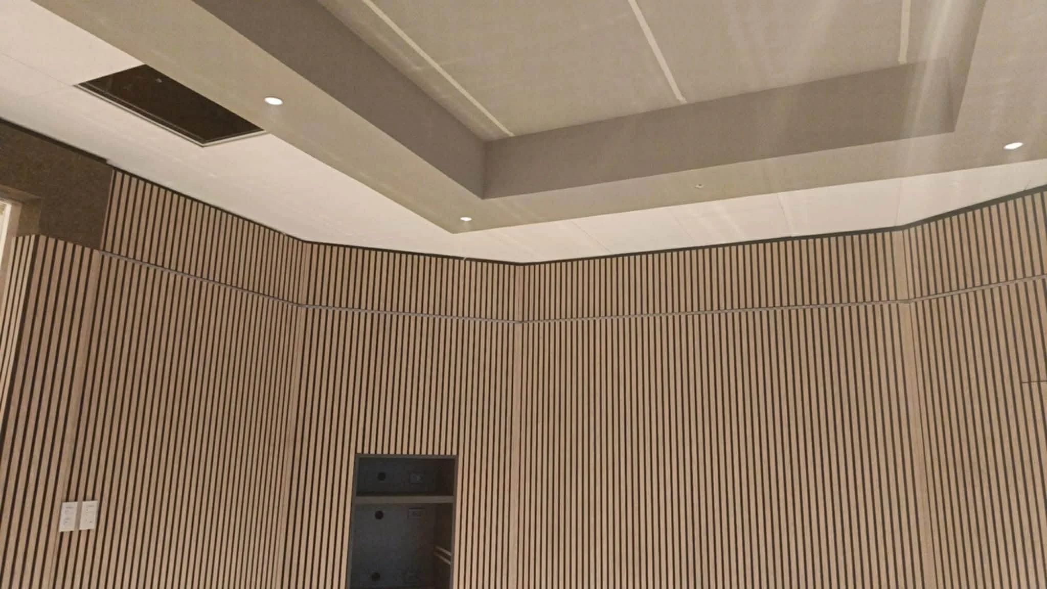Interior ceiling with recessed lighting and wood-paneled wall.