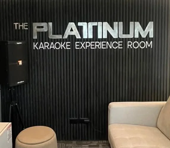 Sign reading 'The Platinum Karaoke Experience Room' on a black wall with seating and a speaker.